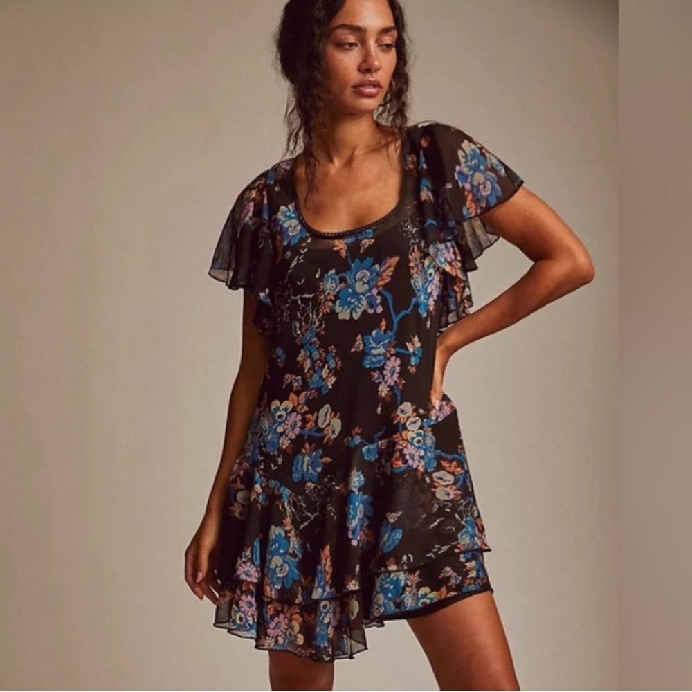 Free People • NWT Love to Love Black Blue Pink Floral Chiffon Mini Dress Size XS